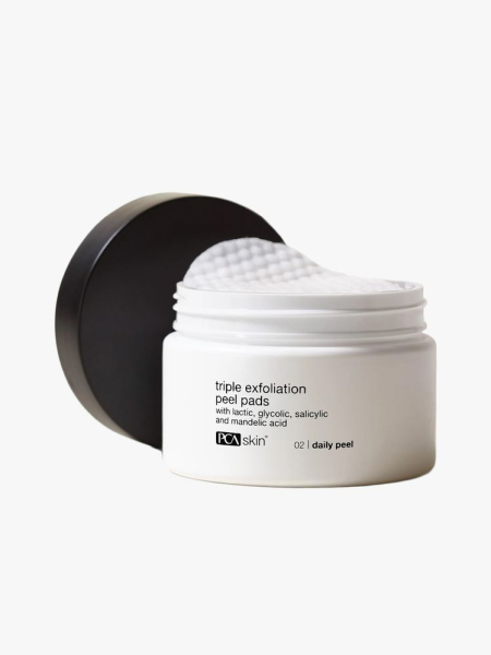 PCA Skin Triple Exfoliation Peel Pads in branded tub component on a light gray background