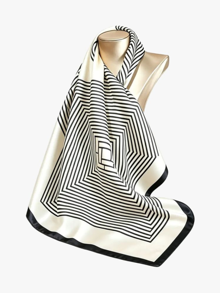 SilkySilky Elegantly Designed Silk Printed Square Scarf in branded component on a light gray background